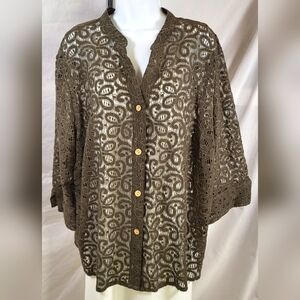 RUBY RD. Olive Green Lace Button Up Shirt Jacket - Size 18W or 1X
